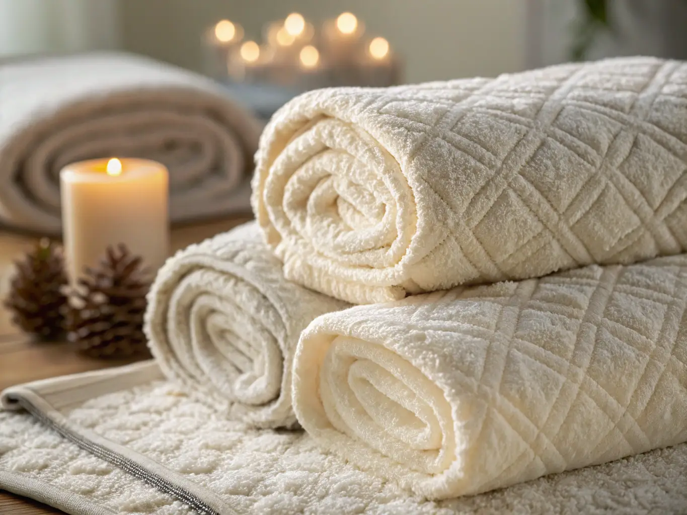 A close-up shot of a soft, fluffy towel, highlighting the enhanced softness and fresh scent achieved with Scentology.me's fabric softener.