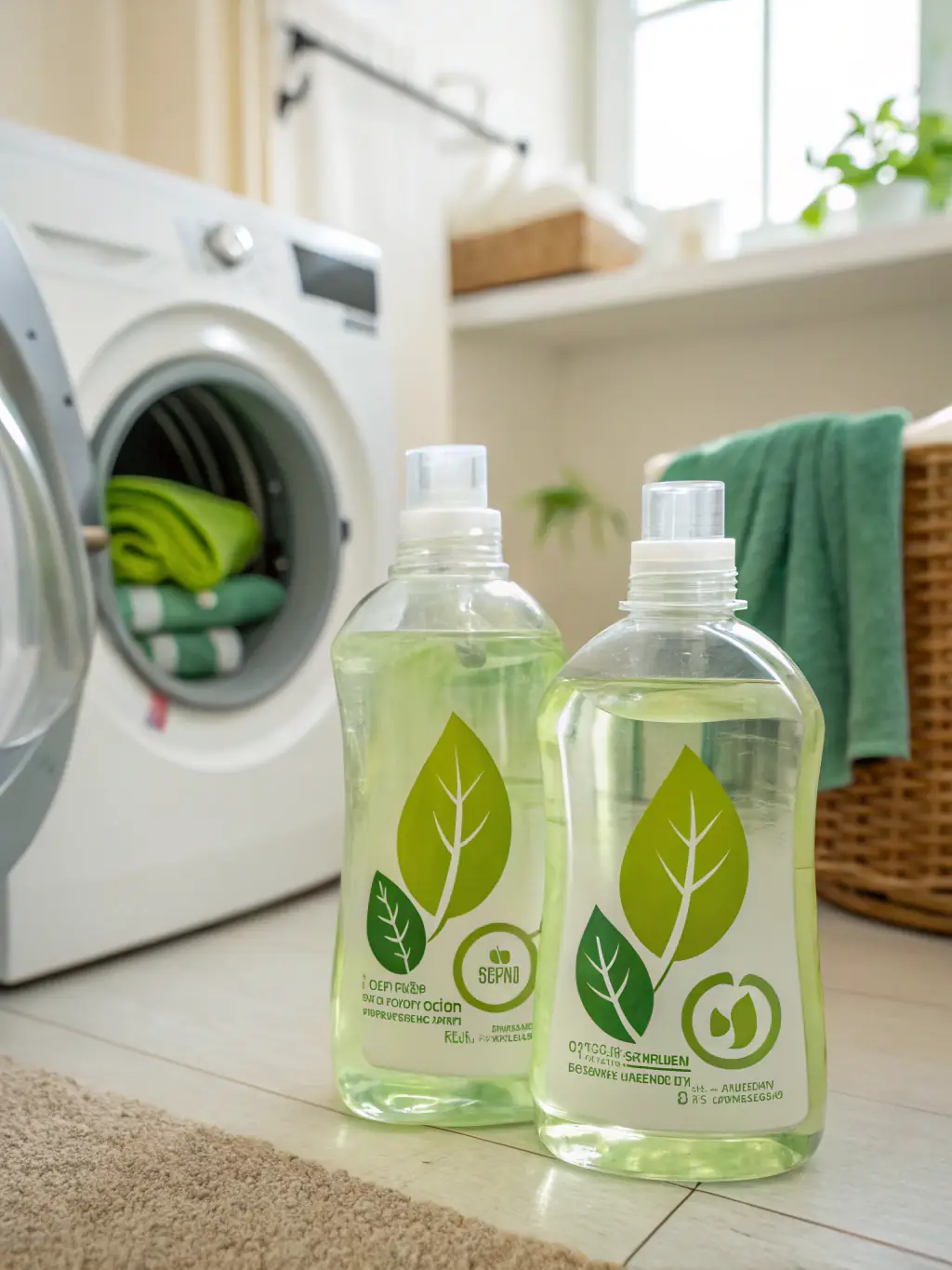 A bottle of Scentology's eco-friendly laundry detergent displayed next to a pile of freshly laundered white towels, emphasizing cleanliness and environmental consciousness.