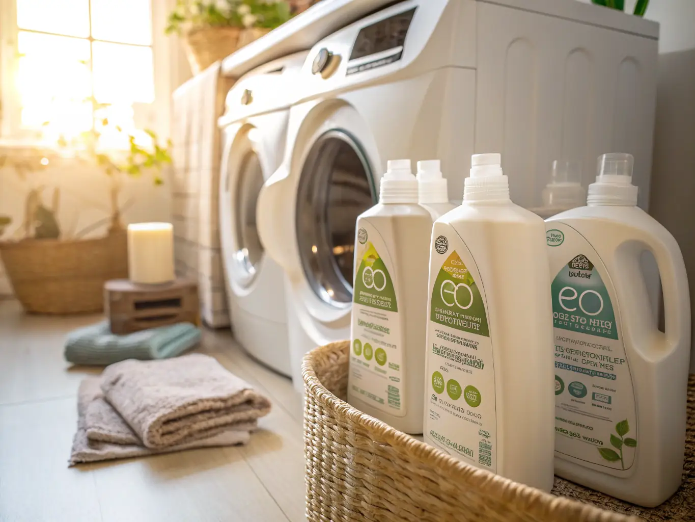 A bottle of Scentology.me's eco-friendly laundry detergent placed next to a pile of freshly washed, neatly folded towels, emphasizing cleanliness and environmental responsibility.