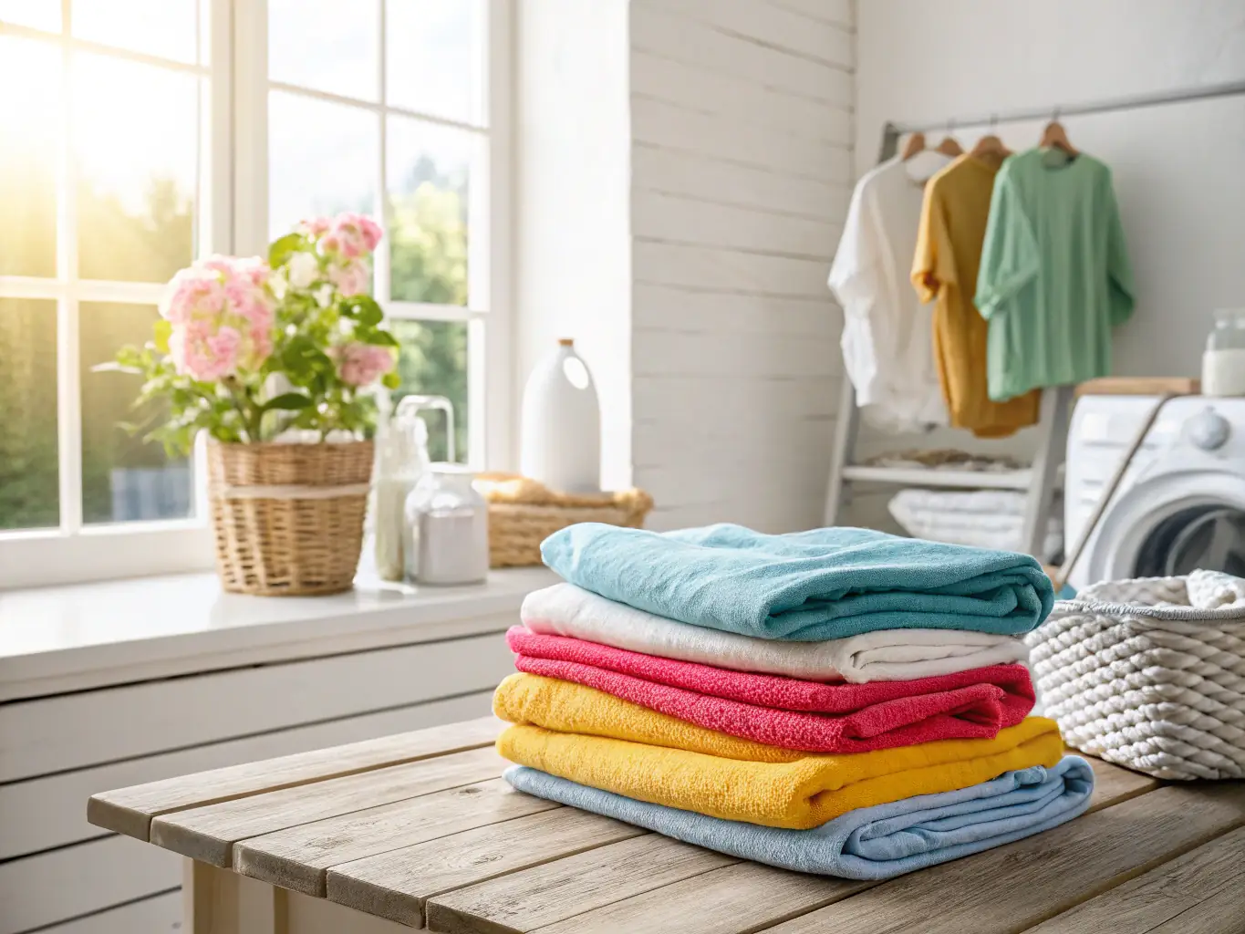 A visually appealing image of freshly laundered towels and linens, showcasing the softness and pleasant scent achieved with Scentology.me's fabric softener.