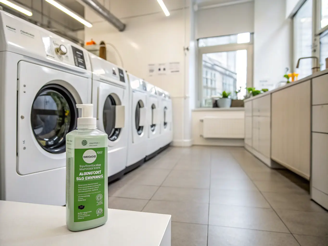 A close-up shot of Scentology.me's eco-friendly laundry detergent in a commercial setting, highlighting its environmentally conscious packaging and powerful cleaning capabilities.