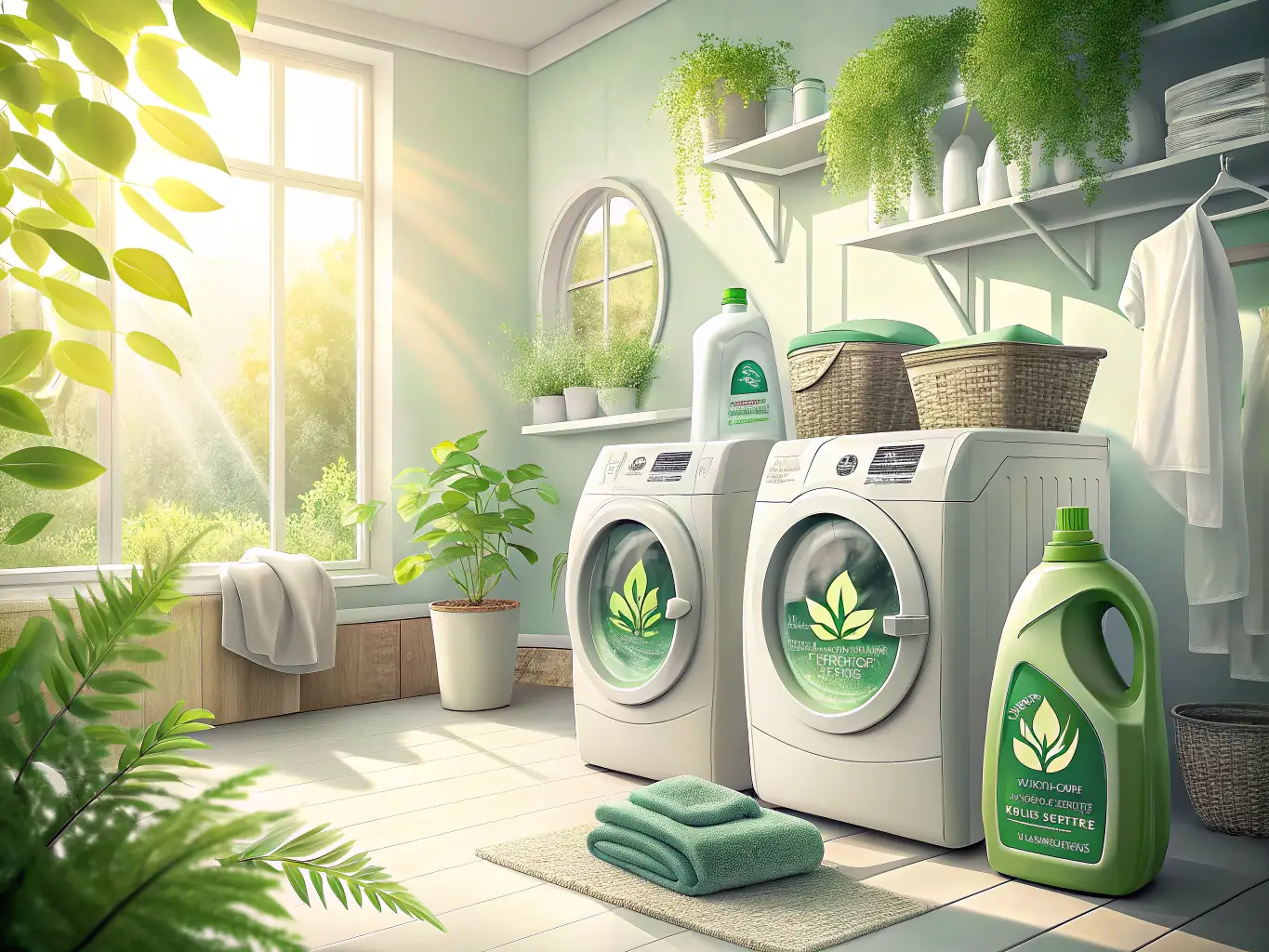 A close-up shot of Scentology.me's eco-friendly laundry detergent being poured into a commercial washing machine, highlighting its concentrated formula and environmentally friendly packaging.